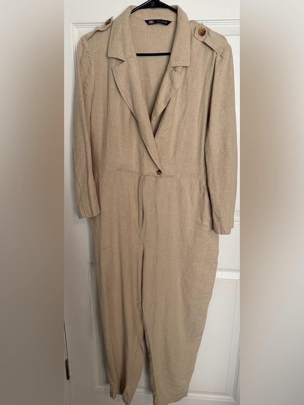 Zara Neutral Beige Linen-Blend Jumpsuit
